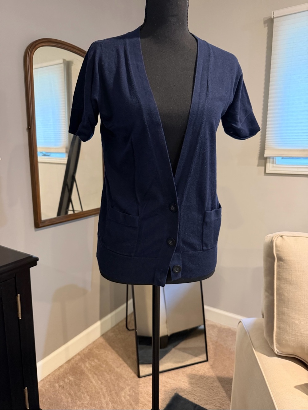 American Eagle Outfitters Navy Short-Sleeve Open Cardigan
